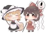  2girls apron ascot black_hat black_shoes black_skirt black_vest blonde_hair blush boots bow bowtie braid broom brown_boots brown_eyes brown_hair chibi chibi_only closed_eyes closed_mouth collared_shirt commentary_request detached_sleeves frilled_bow frilled_hair_tubes frilled_skirt frills gohei grin hair_bow hair_tubes hakurei_reimu hat hat_bow highres holding holding_broom holding_gohei imminent_hand_holding kirisame_marisa long_hair multiple_girls red_bow red_bowtie red_skirt ribbon-trimmed_sleeves ribbon_trim shirt shoes side_braid simple_background single_braid skirt skirt_set smile spoken_expression touhou twitter_username uzuki_(amayadori) vest waist_apron white_apron white_background white_bow white_shirt witch_hat yellow_ascot yuri 