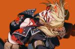  1girl belt belt_pouch black_jacket black_tube_top blonde_hair blood blood_in_hair blood_on_clothes blood_on_face blood_on_tongue blood_splatter breasts burnice_white cleavage crazy_smile cropped_jacket eyelashes from_above from_side jacket large_breasts looking_at_viewer looking_over_eyewear medium_hair namahamu913 open_clothes open_jacket open_mouth orange_background pouch red-tinted_eyewear red_eyes simple_background smile solo spiked_belt spiked_jacket strapless sunglasses tinted_eyewear tongue tongue_out tube_top twintails upper_body utility_belt zenless_zone_zero 
