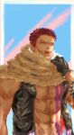  1boy abs black_gloves bracelet charlotte_katakuri chest_tattoo commentary_request gloves highres jewelry leather leather_vest looking_to_the_side male_focus one_piece pink_hair scar sharp_teeth shiraumi8351 short_hair solo spiked_bracelet spikes tattoo teeth v-shaped_eyebrows vest 