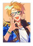  1boy :d ;d black_gloves blonde_hair blue-framed_eyewear blue_jacket blush border bracelet commentary ensemble_stars! epaulettes fingerless_gloves glasses gloves green_eyes heart heart_hands highres idol_clothes jacket jewelry looking_at_viewer male_focus necklace one_eye_closed open_mouth orange_background outside_border plaid_clothes plaid_jacket shirt single_glove smile solo suuuuudachi three-quarter_sleeves untranslatable_commentary upper_body white_border white_shirt yuuki_makoto_(ensemble_stars!) 