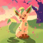 2025 ambiguous_gender black_nose brown_eyes brown_paws cherry_blossom chest_tuft detailed_background eeveelution feral flower fulgito_ast fur generation_4_pokemon grass green_body green_fur green_tail hi_res leafeon long_tail nintendo open_mouth outside pink_tongue plant pokemon pokemon_(species) prunus_(flower) quadruped sitting solo tail teeth tongue tuft yellow_body yellow_fur