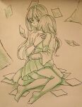  2girls arm_around_another's_waist bare_legs bead_bracelet beads blazer bracelet closed_eyes closed_mouth commentary_request danganronpa_(series) danganronpa_v3:_killing_harmony dual_persona floating_paper full_body greyscale hair_over_shoulder hand_on_another's_back happy head_on_another's_shoulder highres hug jacket jewelry kneeling knees long_sleeves low_twintails miniskirt monochrome multiple_girls official_alternate_costume pantyhose parted_bangs pleated_skirt raincoat sad school_uniform shadow shiruko_(mikan4649) sitting skirt smile traditional_media twintails wide_sleeves yokozuwari yonaga_angie 