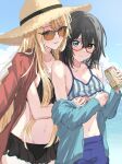  2girls aqua_shirt aracari arm_out_of_sleeve bikini bikini_top_only black-framed_eyewear black_bikini black_hair blonde_hair blue_eyes blue_sky blush brown_eyes can closed_mouth cloud commentary_request day double-parted_bangs dress drink_can frilled_dress frills grabbing_another's_breast groping hat heterochromia highres holding holding_can kamikoshi_sorawo long_hair long_sleeves medium_hair multiple_girls navel nishina_toriko open_clothes open_shirt orange-tinted_eyewear outdoors parted_bangs parted_lips purple_shorts red_shirt shirt shirt_partially_removed shorts sky stomach straight_hair straw_hat striped_bikini striped_clothes swimsuit tinted_eyewear urasekai_picnic vertical-striped_bikini vertical-striped_clothes yuri 