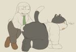 2026 accessory all_fours anthro belt big_butt black_body black_fur blush butt butt_grab cafongterua clothed clothing collared_shirt colored digital_drawing_(artwork) digital_media_(artwork) dipstick_tail domestic_cat domestic_rabbit dress_shirt dress_shoes duo embarrassed eyewear felid feline felis floppy_ears fur glasses grope hand_on_butt hi_res lagomorph larger_male larger_sub leporid lop_ears lop_rabbit male male/male mammal markings necktie office_clothing one_eye_closed oryctolagus overweight overweight_anthro overweight_male pau_(cafongterua) rabbit rutabaga_(cafongterua) shirt size_difference slacks smaller_male standing submissive surprised tail tail_markings tongue tongue_out topwear tuxedo_cat white_body white_fur wink