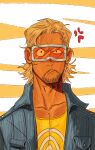  1boy :/ anger_vein blonde_hair blue_jacket breast_pocket closed_mouth collared_jacket commentary crew_neck english_commentary facial_hair frown goatee goggles hair_behind_ear hair_slicked_back highres jacket lizz4lizz4 long_neck male_focus medium_hair one_piece open_clothes open_jacket orange-tinted_eyewear paulie_(one_piece) pocket portrait shirt solo straight-on tinted_eyewear uneven_eyes v-shaped_eyebrows yellow_shirt 