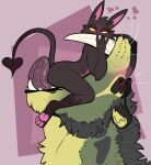 abstract_background ambiguous_anthro ambiguous_gender anthro big_fangs bodily_fluids duo fangs felid fur green_body green_fur grey_body grey_fur hi_res imperatorcaesar in_mouth male male_anthro mammal mouth_play narrowed_eyes nude pawpads pink_pawpads red_body red_fur side_view size_difference slim_ambiguous slim_anthro spade_tail sweat sweaty_face tail teeth whiskers