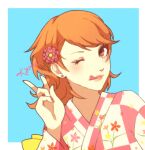  1girl blue_background blush border brown_eyes brown_hair checkered_clothes checkered_kimono closed_mouth earrings english_commentary eyelashes flipped_hair floral_print floral_print_kimono flower hair_flower hair_ornament japanese_clothes jewelry kimono lips long_sleeves looking_at_viewer lowres nail_polish official_alternate_costume one_eye_closed outside_border persona persona_3 pink_flower pink_kimono pink_lips pink_nails print_kimono short_hair shuyukas signature solo stud_earrings takeba_yukari tongue tongue_out upper_body v white_border yukata 