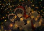  1girl 2boys absurdres bell black_eyes black_hair character_doll christmas_lights cloak commentary cursive dim_lighting doll fake_antlers fur_trim grin gwon han_sooyoung highres hood hood_up hooded_cloak hugging_object kim_dokja long_sleeves looking_at_viewer merry_christmas multiple_boys neck_bell omniscient_reader's_viewpoint purple_shirt red_cloak shirt short_hair smile untranslatable_commentary white_shirt yoo_joonghyuk 
