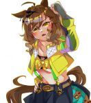  ahoge animal_ears bandeau belt blue_skirt blush braid breasts brown_belt brown_hair clenched_hand collarbone commentary_request fang hair_between_eyes hair_ornament hairclip half_up_half_down_braid hand_on_own_hip horse_ears horse_girl horse_tail jacket jewelry jungle_pocket_(champion's_battle_cry)_(umamusume) jungle_pocket_(umamusume) long_sleeves looking_at_viewer medium_hair morimoru413 navel notched_ear open_clothes open_mouth skirt small_breasts suspender_skirt suspenders tail teeth umamusume yellow_bandeau yellow_eyes yellow_jacket 