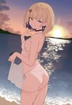  1girl absurdres amanogawa_shiina ass beach bikini bikini_under_clothes black_choker blonde_hair blue_eyes blue_hair bob_cut breasts choker cloud colored_inner_hair commentary dress earrings english_commentary evening from_behind from_side grin highres holding_own_dress jewelry micro_bikini multicolored_hair narrowed_eyes ocean outdoors phase_connect scissors_hair_ornament see-through_clothes see-through_dress short_hair side-tie_bikini_bottom sideboob sky smile solo standing starry_hair sun sundress sunset swimsuit tragicaldrip02 virtual_youtuber water white_bikini white_dress 