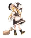  1girl apron black_boots black_hat black_skirt black_vest blonde_hair blue_eyes boots bow braid broom chinese_commentary closed_mouth commentary_request expressionless frilled_apron frilled_skirt frills full_body hair_bow hand_on_own_hip hat hat_bow highres holding holding_broom kirisame_marisa long_hair looking_to_the_side puffy_short_sleeves puffy_sleeves shirt short_sleeves simple_background skirt solo song113 standing touhou turning_head two-sided_fabric two-sided_headwear vest waist_apron white_apron white_background white_bow white_hat white_shirt witch_hat 