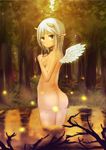  absurdres ass back dark_skin green_eyes highres horns ico_(green_bullet) nature nude original pointy_ears short_hair solo water white_hair wings 