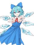  1girl blue_bow blue_dress blue_eyes blue_hair bow cirno collared_dress commentary cowboy_shot dress grin hair_bow highres ice ice_wings kashiwada_kiiho looking_at_viewer medium_hair neck_ribbon red_ribbon ribbon short_sleeves smile solo touhou v white_background wings 