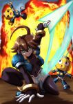  1girl absurdres aile_(mega_man_zx) black_bodysuit blue_jacket bodysuit breasts brown_hair commentary_request cropped_jacket energy_sword explosion full_body green_eyes highres holding holding_sword holding_weapon in-franchise_crossover jacket kotatuman_dash long_hair mega_man_(series) mega_man_legends_(series) mega_man_zx mega_man_zx_advent parted_lips ponytail robot_ears servbot_(mega_man) shorts smirk superhero_landing sword weapon white_shorts 