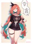  1girl :o absurdres black_choker black_hairband black_shirt blush choker colored_inner_hair commentary ear_piercing english_commentary english_text feet_out_of_frame green_eyes green_hair hairband highres long_hair looking_at_viewer mitsu_(mitsu_art) mole mole_under_eye multicolored_hair open_mouth orange_hair original piercing pointy_ears shirt short_sleeves simple_background skindentation solo speech_bubble standing t-shirt thigh_gap thigh_strap thighs 
