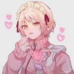  1other akiyama_mizuki akiyama_mizuki_(middle_school) alternate_costume androgynous artist_name character_name commentary_request fingernails grey_background half-heart_hands heart highres jacket jersey_maid long_sleeves maid maid_headdress name_tag other_focus parted_lips pink_eyes pink_hair pink_jacket project_sekai puffy_long_sleeves puffy_sleeves red_ribbon ribbon short_hair signature simple_background solo t_b7ce390 track_jacket translation_request unconventional_maid upper_body 