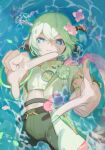  1girl absurdres afloat ahoge animal_ears antlers blue_eyes borrowed_character bracelet closed_mouth commission crop_top crossed_bangs finger_frame flower green_hair green_nails green_shorts hair_between_eyes hair_flower hair_ornament highres horns jewelry looking_at_viewer lying on_back original partially_submerged petals pink_flower shirt short_hair shorts skeb_commission smile solo tail tyaui_(xjju4435) water 