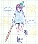  1girl :t aqua_socks aubrey_(faraway)_(omori) aubrey_(omori) baseball_bat blue_eyes blue_hoodie blush commentary highres holding holding_baseball_bat hood hoodie long_sleeves looking_at_viewer omori osulan pink_hair shoes sidelocks sneakers socks standing standing_on_one_leg untranslatable_commentary v-shaped_eyebrows white_shoes 