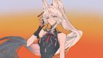  1girl abs absurdres animal_ear_fluff animal_ears anyu_rii aqua_eyes bare_shoulders bead_necklace beads black_gloves black_shirt blue_background blue_hair breasts chinese_clothes chromatic_aberration closed_mouth colorful_background diamond-shaped_pupils diamond_(shape) earclip earrings empty_eyes english_commentary eyeshadow feixiao_(honkai:_star_rail) fingerless_gloves floating_hair forehead_jewel fox_ears fox_girl gloves gradient_background gradient_hair hair_beads hair_ornament hand_up high_ponytail highres honkai:_star_rail honkai_(series) jewelry large_breasts long_hair looking_to_the_side makeup mandarin_collar multicolored_hair muscular muscular_female neck_ribbon necklace orange_background parted_bangs ponytail red_background red_eyeshadow red_ribbon ribbon shirt sidelocks single_earring sleeveless sleeveless_shirt solo symbol-shaped_pupils tassel tassel_earrings tassel_hair_ornament two-tone_hair upper_body very_long_hair white_hair 