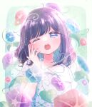  1girl blue_eyes blue_flower blush border collarbone collared_shirt commentary eyelashes flower fuka_(f_uka_1021) green_background hand_up head_tilt highres looking_at_viewer medium_hair morning_glory one_eye_closed open_mouth original outside_border plant polka_dot polka_dot_shirt purple_flower purple_hair red_flower shirt short_sleeves solo sparkle swept_bangs tearing_up upper_body vines waking_up white_border white_shirt yawning 