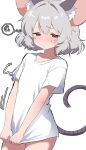  1girl alternate_costume animal_ears blush closed_mouth commentary_request embarrassed grey_hair highres makida_16 mouse_ears mouse_girl mouse_tail naked_shirt nazrin red_eyes shirt shirt_tug short_sleeves simple_background solo squiggle sweatdrop tail touhou white_background white_shirt 