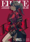  1girl absurdres animal_ear_fluff animal_ears arknights black_coat black_hair black_shorts brown_eyes character_name coat collared_shirt commentary cover cover_page daidai53139 fake_cover fake_magazine_cover gloves highres long_hair magazine_cover off_shoulder official_alternate_costume parted_lips profile red_background red_gloves red_shirt shirt shorts solo standing striped_clothes striped_shorts texas_(arknights) texas_(willpower)_(arknights) vertical-striped_clothes vertical-striped_shorts wolf_ears wolf_girl 