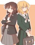  2girls alternate_costume bag black_jacket blazer blonde_hair blush bow braid brown_eyes brown_hair buttons closed_mouth collarbone collared_shirt commentary_request crossed_arms green_shirt green_skirt grey_skirt hair_bow highres jacket long_sleeves looking_at_another maribel_hearn medium_hair missing_headwear multiple_girls neckerchief necktie orange_background outline red_necktie sailor_collar school_bag school_uniform serafuku shirt single_braid skirt smile striped_background touhou unagi_sango usami_renko vest white_bow white_neckerchief white_outline white_sailor_collar white_shirt white_vest yellow_eyes 