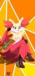  2025 3_fingers 3_toes anthro arm_tuft artist_name black_body black_skin cheek_tuft chest_tuft crossed_legs delphox elbow_tuft facial_tuft feet female fingers fulgito_ast fur generation_6_pokemon hi_res inner_ear_fluff navel nintendo orange_eyes orange_inner_ear_fluff orange_nose pokemon pokemon_(species) red_body red_fur simple_background sitting solo teeth text toes tuft white_body white_fur yellow_background yellow_body yellow_ears yellow_fur 