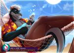 aktiloth anthro beach bottomwear butt claws clothed clothing eyes_closed flower_shirt fur hammock hi_res light lute male mammal multicolored_body multicolored_fur music musical_instrument musical_note musical_symbol mustelid open_clothing open_shirt open_topwear otter otter_tail pawpads pillow plant playing_music plucked_string_instrument sand shirt string_instrument subscribestar subscribestar_logo sunlight swimming_trunks swimwear symbol tail text topwear tree ukulele url water