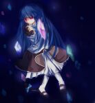  1girl absurdres black_dress black_shoes blue_background blue_bow blue_bowtie blue_hair blunt_bangs blunt_ends bow bowtie cat_tail closed_mouth commentary crystal dress empty_eyes english_commentary expressionless frederica_bernkastel frilled_dress frilled_sleeves frills full_body highres hime_cut juliet_sleeves kakera layered_dress layered_sleeves long_sleeves looking_at_viewer mary_janes pantyhose puffy_sleeves purple_eyes self_hug shoes solo tail tail_bow tail_ornament two-tone_dress umineko_no_naku_koro_ni white_dress white_pantyhose wide_sleeves witch wwwwwtanshui 
