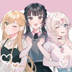  3girls :d ;d alternate_costume alternate_hairstyle bare_arms black_choker black_hair blonde_hair blue_eyes bow braid casual choker choppy_bangs clenched_hands commentary facial_mark gradient_hair grey_vest hair_bow hair_ornament half_up_braid heart heart_facial_mark heart_hair_ornament highres ima_(kon_kon_5) inda_karane kedarui_aashii kimi_no_koto_ga_dai_dai_dai_dai_daisuki_na_100-nin_no_kanojo light_blush locked_arms long_hair looking_at_viewer mark_under_eye multicolored_hair multiple_girls one_eye_closed open_mouth orange_hair pink_bow pink_hair pink_shirt red_eyes shirt short_sleeves simple_background smile streaked_hair twin_braids usami_shiina v vest white_shirt yellow_eyes 