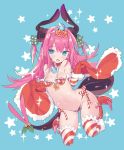  1girl arched_back armor bangs bare_shoulders bikini_armor blade_(galaxist) blue_background blue_eyes blush breasts choker christmas_ornaments curled_horns diagonal_stripes dragon_girl dragon_horns dragon_tail elizabeth_bathory_(brave)_(fate) elizabeth_bathory_(fate)_(all) eyebrows_visible_through_hair fang fate/grand_order fate_(series) full_body fur-trimmed_gloves fur_trim glint gloves green_ribbon groin hair_between_eyes hair_ribbon head_tilt heart heart-shaped_pupils horns looking_at_viewer navel open_mouth oversized_clothes pink_hair pointy_ears polka_dot_ribbon red_armor red_choker red_gloves ribbon sidelocks small_breasts solo sparkle star striped striped_legwear symbol-shaped_pupils tail thighhighs two_side_up 