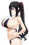  1girl :3 \||/ ahoge alternate_costume armpit_crease bare_shoulders bikini bikini_top_pull black_bikini black_hair blush breasts cleavage clothes_pull collarbone colored_eyelashes commentary cowboy_shot fingernails from_side hair_between_eyes hair_ribbon halterneck hand_on_own_hip highres hoshikawa_kaguya large_breasts long_hair looking_up navel parted_lips ponytail profile red_eyes red_ribbon ribbon sideboob sidelocks simple_background skindentation solo split_mouth stomach swimsuit tenshi_souzou_re-boot! tft_(tft7822) tsurime upturned_eyes very_long_hair wavy_ends white_background 