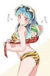  1boy 1girl animal_print aqua_hair arrow_(symbol) bikini child commentary cone_horns eyelashes from_side green_hair highres horns long_hair looking_at_viewer lum orange_eyes pointy_ears print_bikini short_hair sleeping swimsuit ten_(urusei_yatsura) tiger_print translated urusei_yatsura wara_no_taba 