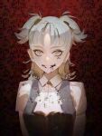  1girl artist_name ascot blonde_hair blood blood_on_clothes blood_on_face blood_on_mouth blunt_bangs breasts collared_shirt dress_shirt empty_eyes grey_vest grin highres juliet_sleeves kamejima_junto long_sleeves looking_at_viewer medium_breasts middle_part original parted_bangs puffy_sleeves red_pupils shirt short_hair smile solo straight-on twitter_username two_side_up upper_body vampire vest wallpaper_(object) watermark white_ascot white_shirt wing_collar yellow_eyes 