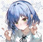  1girl artist_name black_ribbon blue_hair bocchi_the_rock! chromatic_aberration collared_shirt commentary_request double_v grid_background hair_ornament hairclip hands_up highres long_sleeves looking_at_viewer mole mole_under_eye neck_ribbon parallel_hairclips ribbon shirt short_hair solo star_(symbol) star_symbol_background upper_body v white_background white_shirt xiaoyu_(hyh224488) yamada_ryo yellow_eyes 