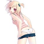  ass bad_id bad_pixiv_id blonde_hair from_behind hair_bobbles hair_ornament kagamine_rin looking_back nana_mikoto open_mouth panties purple_eyes simple_background solo underwear undressing vocaloid 