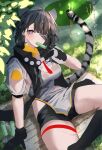  1girl animal_ears arknights arknights:_endfield arm_cutout black_gloves black_hair black_shorts black_socks black_vest blue_eyes blush breasts clothing_cutout commentary dappled_sunlight day extra_ears eyepatch feet_out_of_frame food food_in_mouth gloves grey_shirt highres hip_vent holding holding_food holding_popsicle legs_apart looking_at_viewer medium_breasts mo_komo_momo neck_tassel one_eye_covered outdoors popsicle popsicle_in_mouth shirt short_hair short_sleeves shorts sitting socks solo striped_tail sunlight sweat tail tangtang_(arknights) tassel thigh_strap tiger_ears tiger_girl tiger_tail translated unfinished vest 