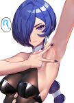  1girl ? absurdres arm_up armpit_crease armpit_focus armpits breasts closed_mouth commentary_request crescent crescent_earrings earrings hair_over_one_eye highres jewelry long_hair looking_at_viewer nicchi presenting_own_armpit promeia_(zenless_zone_zero) purple_eyes purple_hair purple_nails simple_background solo speech_bubble spoken_question_mark white_background zenless_zone_zero 