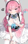  1girl anger_vein angry animal_ears animal_print arm_belt badge bell belt black_corset blue_ribbon blush breasts button_badge cat_ears cat_girl cat_print cat_tail cleavage closed_mouth commentary corset dress frilled_corset frills garter_straps gloves grey_background highres indie_virtual_youtuber jingle_bell large_breasts long_hair looking_at_viewer maid maid_headdress neck_bell neck_ribbon paw_print pink_dress pink_eyes pink_hair pink_tail pout ribbon short_sleeves simple_background single_garter_strap single_thighhigh solo suspenders tail tail_ornament tail_ribbon thigh_belt thigh_strap thighhighs thighs twintails virtual_youtuber white_belt white_dress white_garter_straps white_gloves white_thighhighs yoru_no_yayoi yuuki_sakuna yuuki_sakuna_(3rd_costume) 