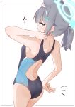  1girl absurdres animal_ear_fluff animal_ears ass black_one-piece_swimsuit blue_archive blue_eyes breasts ce_shii41_piku commentary_request competition_swimsuit cross_hair_ornament extra_ears grey_hair hair_ornament halo highres looking_at_viewer looking_back low_ponytail medium_breasts medium_hair mismatched_pupils multicolored_swimsuit official_alternate_costume one-piece_swimsuit ponytail shiroko_(blue_archive) shiroko_(swimsuit)_(blue_archive) simple_background solo swimsuit v white_background wolf_ears 