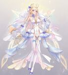  1girl bare_shoulders blonde_hair blue_bow blue_eyes bow breasts commentary cross-shaped_pupils detached_sleeves footwear_bow genshin_impact gloves grey_background halo hand_up hat high_heels highres large_breasts leotard long_hair long_sleeves looking_at_viewer nicole_reeyn parted_lips princess_ailish shoes signature simple_background solo symbol-shaped_pupils thighhighs veil very_long_hair white_gloves white_hat white_leotard white_shoes white_sleeves white_thighhighs white_veil 