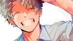  1boy boku_no_hero_academia closed_eyes closed_mouth dress_shirt facing_viewer freckles green_hair grin male_focus midoriya_izuku necktie nishiki_2121 shirt short_hair simple_background smile solo teeth white_background white_shirt 