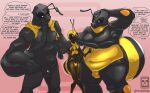 4_arms antennae_(anatomy) anthro arthropod bee black_body black_sclera brown_body bulge bumble_bee_(species) carpenter_bee confident dominant dominant_male femboy food fur grabbing_hand group hand_on_belly hand_on_butt hand_on_face hand_on_hip hand_on_pecs hand_on_shoulder hi_res honey_(food) honey_bee hymenopteran insect male male/male multi_arm multi_limb muscular muscular_anthro muscular_male overweight overweight_anthro overweight_male shy simple_background size_difference submissive submissive_male tenge_mage text trio yellow_body yellow_fur