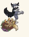  2026 anthro biped black_cape black_clothing black_eyes black_nose canid canine cape clothed clothing duo eyes_closed fluffy fluffy_tail fox fur grass hair hi_res inner_ear_fluff lying male mammal mud on_back on_one_leg open_mouth open_smile pawpads paws plant simple_background smile standing tail teeth tongue tuft virmir_(character) white_sclera zincxiron 