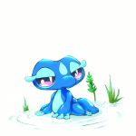  commentary_request full_body gecqua highres kinakomochi_(kazuna922) no_humans outdoors pokemon pokemon_(creature) pokemon_winds_and_waves purple_eyes solo water white_background 