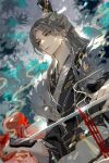  1boy absurdres black_hanfu black_robe blurry chinese_clothes chinese_commentary closed_mouth commentary_request curtained_hair dappled_sunlight expressionless from_below fur_trim grey_hair hand_on_blade hanfu highres holding holding_sword holding_weapon hua_yi_shanxin_zhiyue incense jian_(weapon) long_hair long_sleeves looking_ahead male_focus molin parted_bangs robe smoke solo sunlight sword tree weapon wide_sleeves xiao_guan_(headdress) xuan_wangjun yellow_eyes 