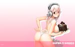  adjusting_clothes adjusting_panties apron ass blush breasts cake chocolate chocolate_cake food frills from_behind headphones heart highres huge_breasts looking_back nearly_naked_apron nitroplus official_art open_mouth panties pastry pink_hair red_eyes sideboob solo super_sonico thong tsuji_santa underwear valentine wallpaper white_panties 