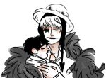  2boys aged_down carrying carrying_person closed_eyes donquixote_rocinante facial_mark feather_cape hat kimpimpam makeup male_focus multiple_boys one_piece sleeping trafalgar_law 