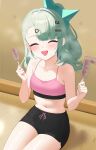  1girl 4kebidayo absurdres black_shorts breasts cleavage commentary_request food green_hair hair_ornament hairclip highres holding holding_food holding_popsicle long_hair midriff navel open_mouth pink_sports_bra popsicle shorts small_breasts smile solo sports_bra sunna_(zenless_zone_zero) thighs yoga_shorts zenless_zone_zero 